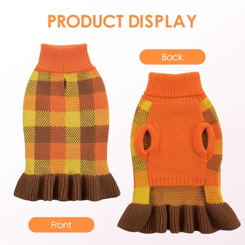 Image of Dog Sweater Dress Plaid Knitwear for Small Medium Dogs Warm Puppy Pet Turtleneck Stretch Pullover Cute Fall Winter Vest Clothes with Leash Hole for Christmas (Orange, XS)