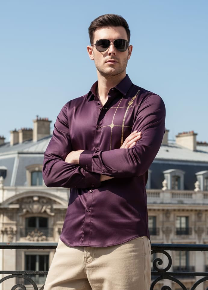 Image of IndoPrimo Men's Premium Satin Shirt for Party, Formal and Casual Wear - Stylish Designer Full Sleeve Shirt for Men