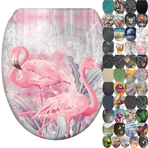 Sanilo Abattant WC frein de chute, Grande sélection de lunettes de toilette avec abaissement automatique, Fixation facile (Flamant)