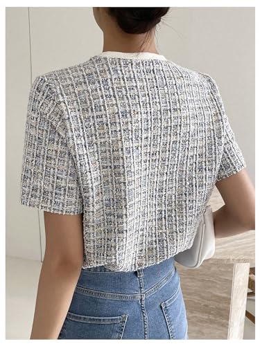 GORGLITTER Women's Plaid Print Tweed T Shirt Button Front Crew Neck Short Sleeve Tee Shirts2