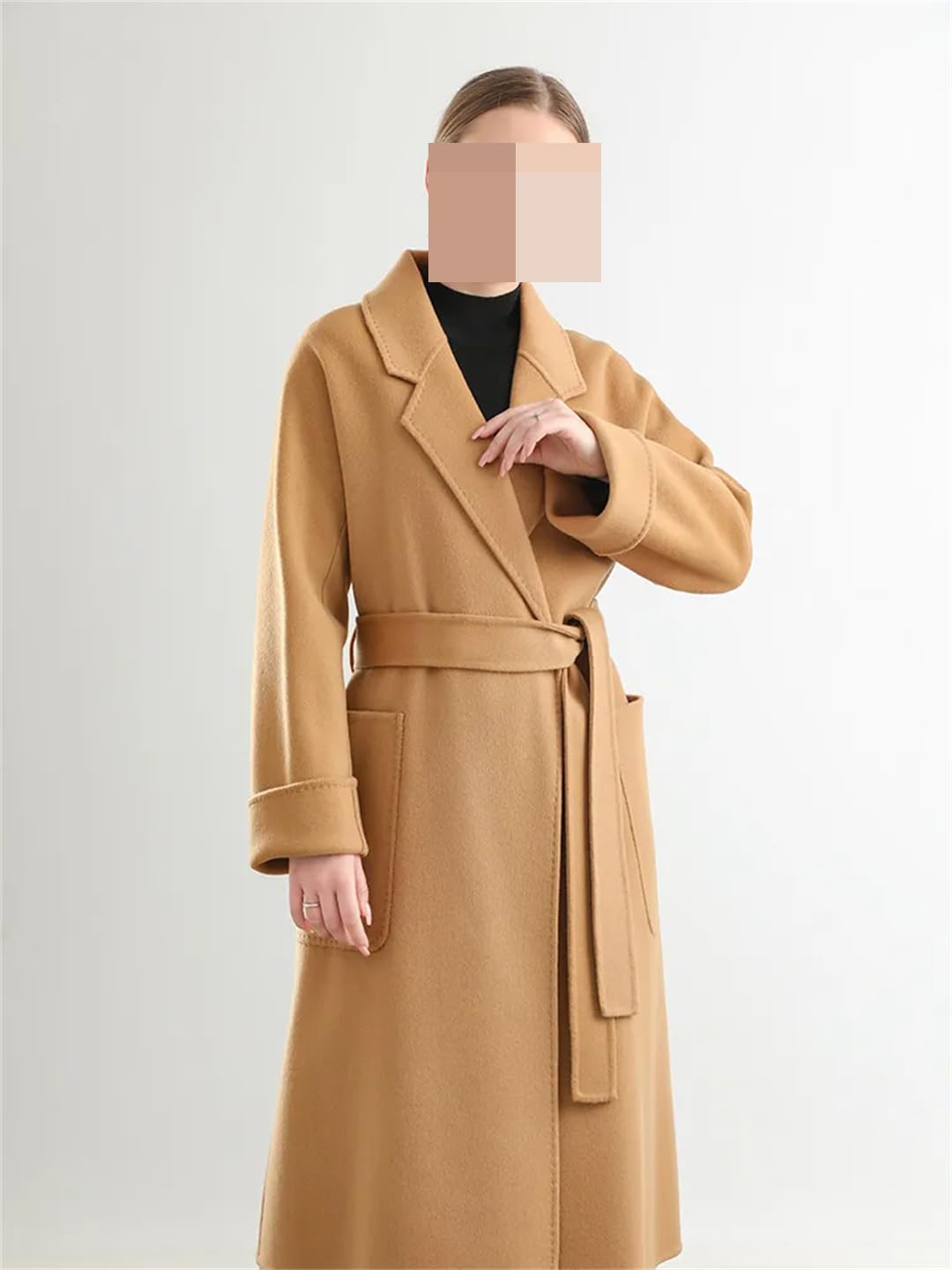 Abrigo largo de lana con cinturón para mujer, clásico, otoño, invierno, cuello vuelto, abrigo largo sólido