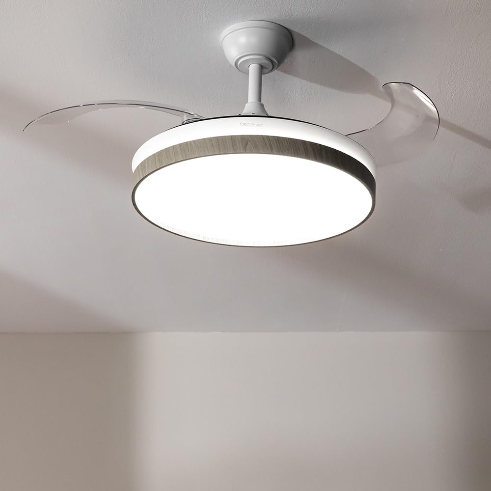Cecotec Ventilatore da Soffitto con Luce Energysilence Aero 4320 Invisible Wood&White. 35W. 6 Velocità. Pale Retrattili. Telecomando. Timer. LED Integrato. Intensità Luminosa Regolabile