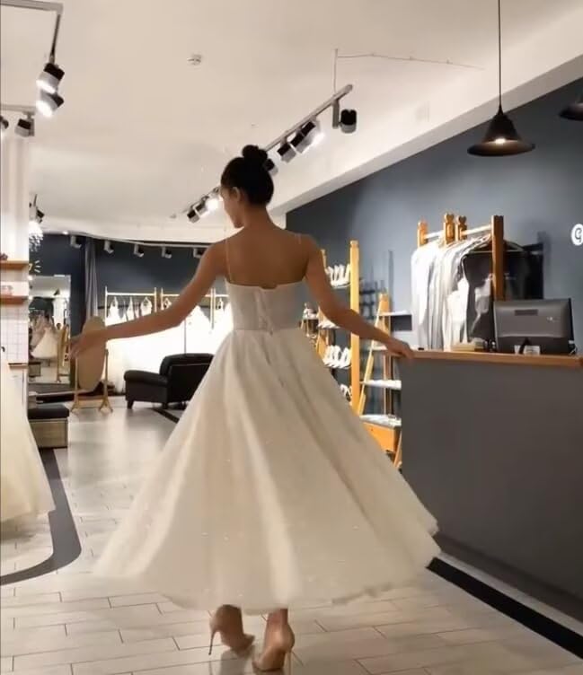 A-line Glitter Tulle Prom Dresses for Women Spaghetti Straps, Tea Length Sweetheart Cocktail Dress Formal Gowns4