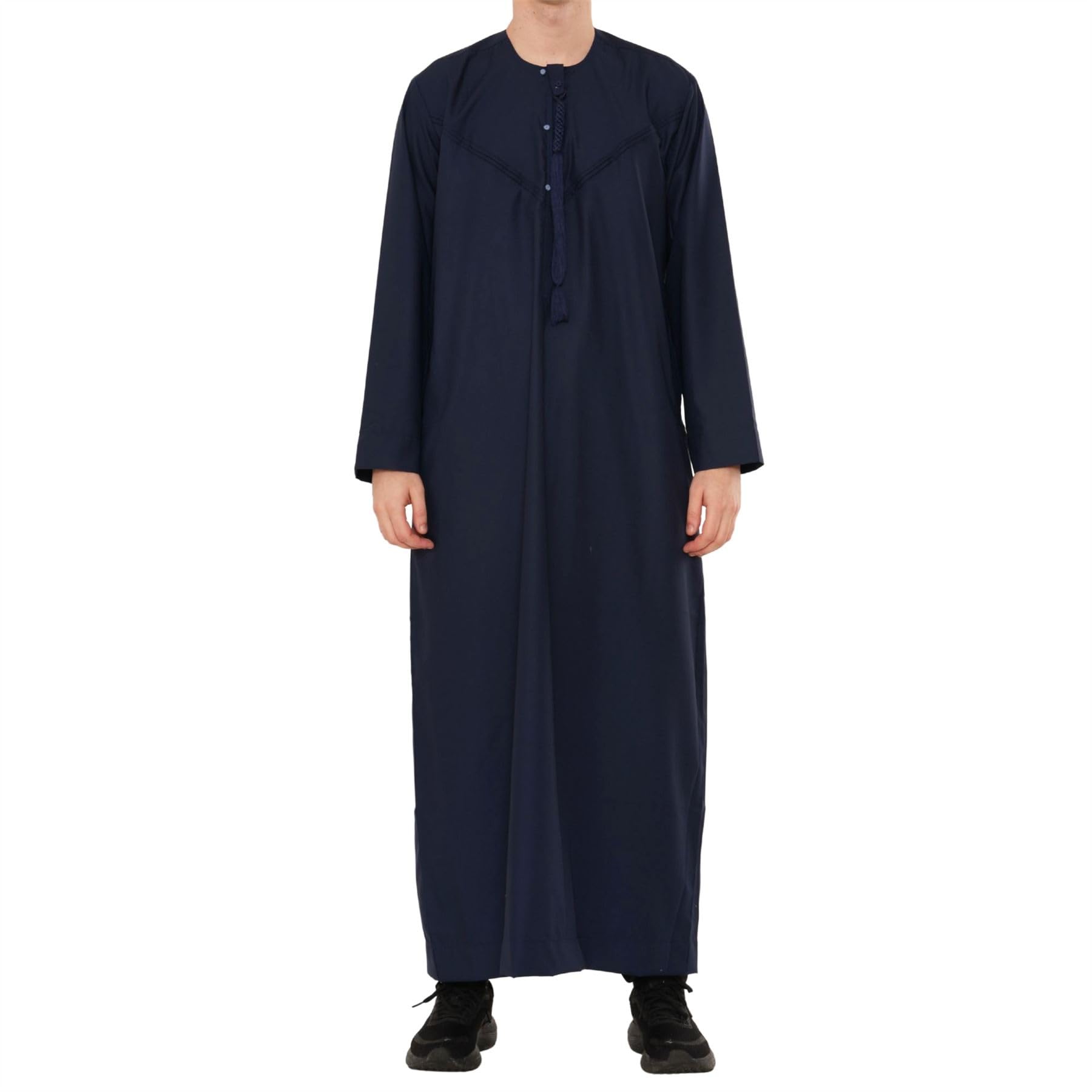 Thobez Men's Zip Thobe Emirati Omani Jubba Islamic Clothing Bobble Button Muslim Kaftan Eid Robe String Tassel - Navy 56