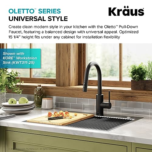 Image of KRAUS Oletto Single Handle Pull Down Kitchen Faucet with QuickDock Top Mount Installation Assembly in Matte Black, KPF-2620MB