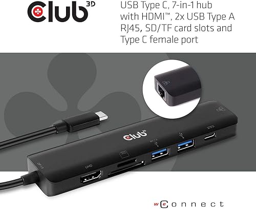 Miniatura 2 de Club 3D Estación de acoplamiento portátil USB tipo C 3.2 Gen 1, 7 en 1 con HDMI HDR 4k 60Hz, Ethernet, tarjeta SD TF, entrega de energía 3.0. 2X USB