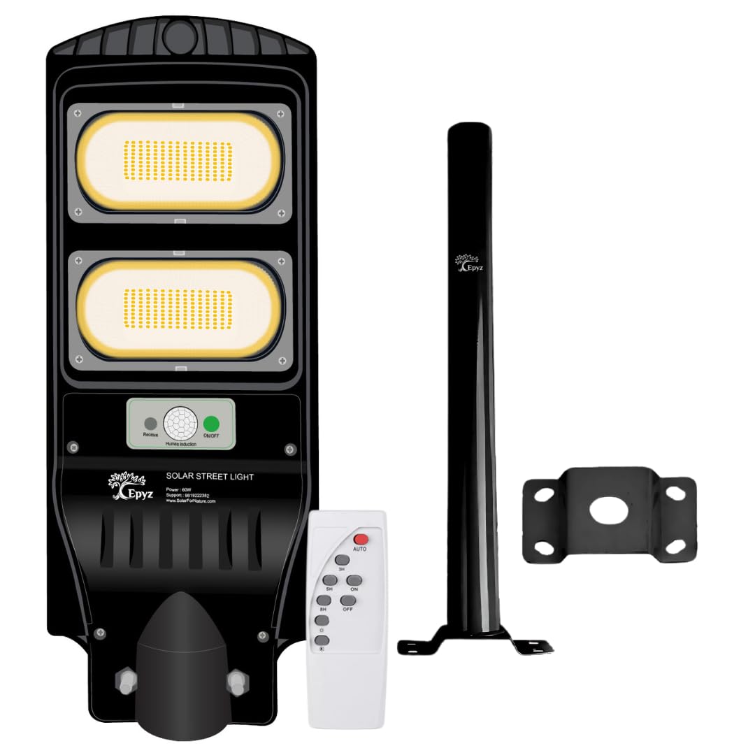 Epyz 60 Watt Solar Street Lights with Remote, 256 LEDs, Motion Sensor and Dusk to Dawn for Garden, Street [ Pack of 1, Warm Yellow ] (60 Watt) - Plastic