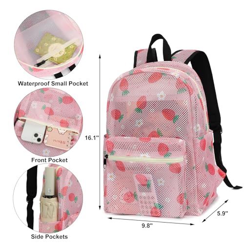Strawberry Mesh Backpack for Girls Women, Semi-Transparent Kids School Backpack College Bookbag for Beach Gym Travel3