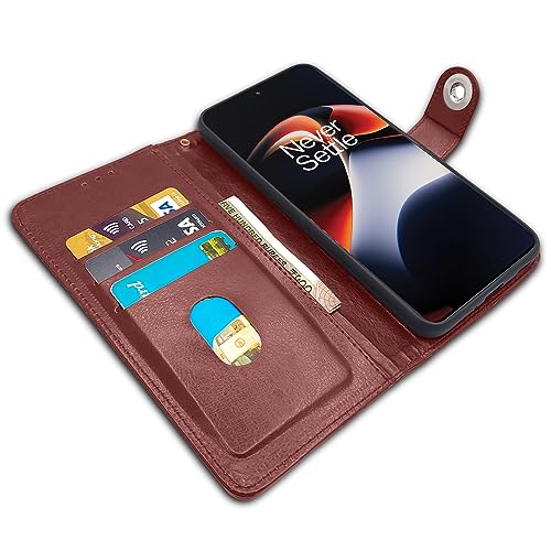 Image of Pikkme OnePlus 11R 5G Flip Cover Leather Finish | Inside TPU with Card Pockets | Wallet Stand and Shock Proof | Complete Protection Button Flip Case (Brown)