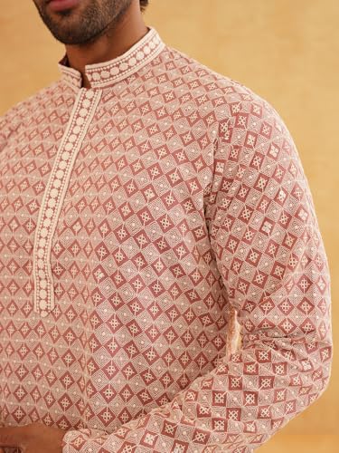 Image of SOJANYA Men's Coffee Brown Cotton Blend Kurta with Intricate Embroidery & Subtle Sequin Work