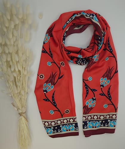 MutluHan Turkish Scarf - 100% Silk Tulip Design | Coral Red | Luxurious and Comfortable Women’s Scarf, Perfect for Gifts and Special Occasions, Suitable for Daily, Evening and Office Wear2