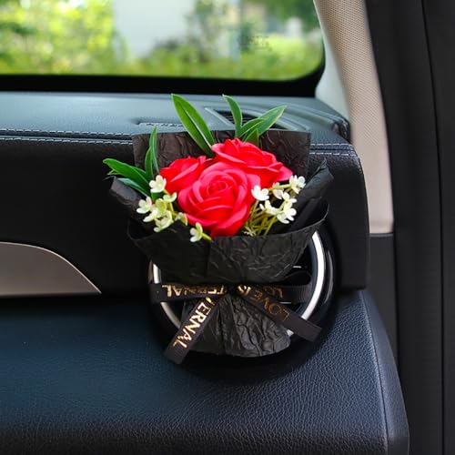 Mini Rose Bouquet Car Vent Clip Air Freshener, Small Artificial Flowers Car Accessories, Reusable Essential Perfume Diffuser with Lemon & Blank Pad, Dashboard Soap Floral Decor, Gift for Car(Style P)