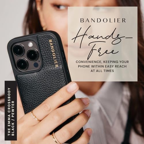 Image of Bandolier Emma Crossbody Phone Case and Wallet for iPhone 15 Pro - Black Leather with Pewter Detail