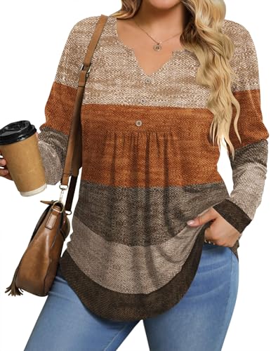 IN'VOLAND Women Shirts Dressy Tops for Women Long Sleeve Fall Outfits Loose Fit Tunic Color Block T Shirts Fashion Blouses 2X
