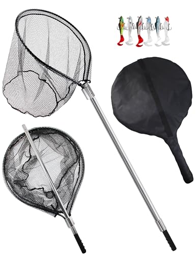 Facikono Large Rubber Fishing Net Heavy Duty Extra Large Landing Net with Telescoping Handle, Saltwater Aluminum Fish Net with 6pcs Jig Swimbait, Extends to 72-94in, Depth 27.5in