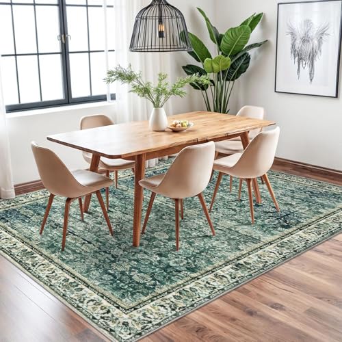 Green Blue 6x9 Area Rug for Living Room, Large Washable Bedroom Rugs, Soft Vintage Floral Non-Slip Non-Shedding Traditional Farmhouse Carpet for Nursery, Dining Room, Playroom
