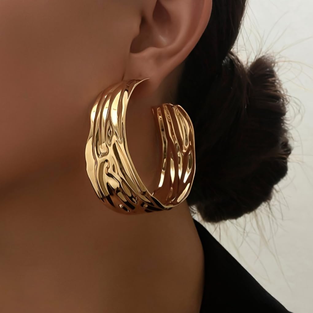 14K Gold Exaggerated Wide Hoop Earrings, Metal Hollow Circular Texture Dangle Drop Earrings, Simple Versatile Statement Jewelry Gift - Image 4