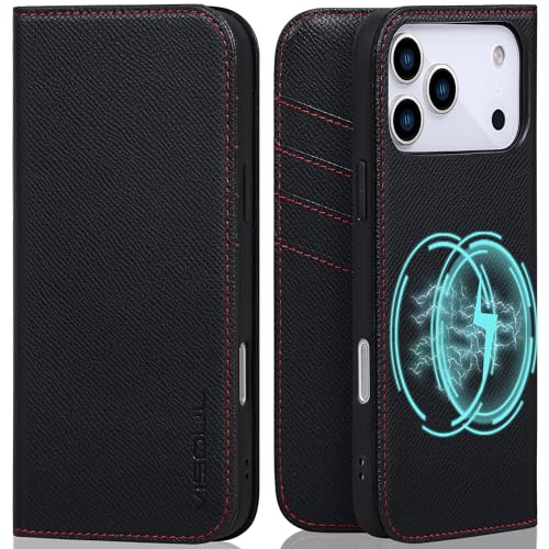 VISOUL Palm Grain Genuine Leather Wallet Case Compatible with iPhone 17 Pro Max 6.9-inch 5G 2025, Magnetic, RFID Blocking, Wireless Charging, 4 Card Slot, Soft TPU Shell-Black
