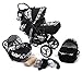 Baby Sportive - Sistema de viaje 3 en 1, silla de paseo, carrito con capazo y silla de coche, RUEDAS ESTÁTICAS y accesorios, color negro, flores blancas
