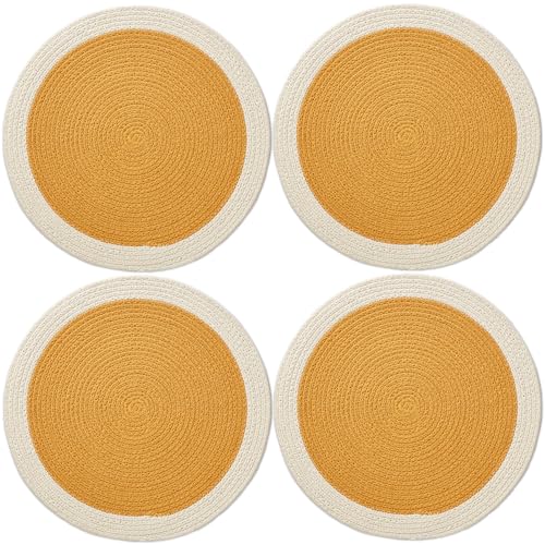 Image of Dining Table Mats Set of 4 | Cotton Table Mat 32 cm Diameter, Encasa XO Washable Round Table Mats, Heat Resistance Dining Table Placemats, Handmade Ribbed Style for Centre Table, Yellow & Off White