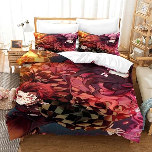 Anime 3D Demon Slayer Familiar Y Niños Funda Nórdica 3D Impresión Funda De Edredón Juego De Ropa De Cama Y Funda De Almohada con Cremallera Microfibra 3 Piezas Single（140x200cm）