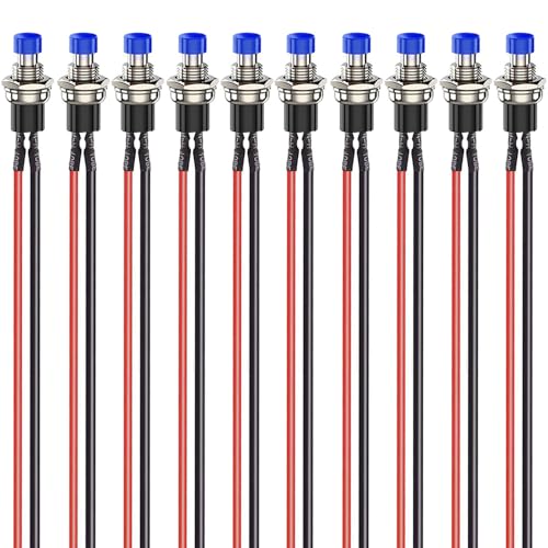 Gebildet 10piezas de 7mm 3V-6V-12V-24V-230V/1A,Botón Pulsador Momentáneo mini Precableado, SPST, botón Redondo de 2 pines Abierto Normalmente ON/OFF para Pasatiempos de Modelismo Ferroviario (azul)