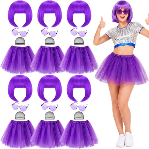 Image of Wesiti 24 Pcs 6 Sets Wigs Tutus Glasses for Women Costume,Purple,Cool