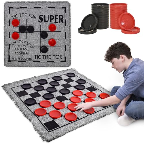 3-in-1 Vintage Giant Checkers Set, Tic Tac Toe with Reversible Mat, 24 Jumbo Chips, Family Board Game, Lawn Game, BBQ Party Favor, Indoor and Outdoor...