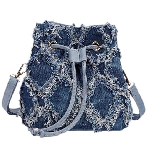 Distressed Denim Purse for Women Drawstring Bucket Crossbody Bag Casual Hobo Jean Purses (Blue-A)