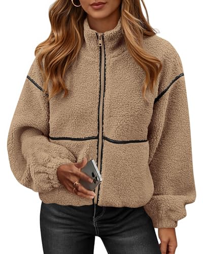 KIRUNDO Sherpa Jacket Women Fleece Zip Up Winter Coats(Khaki, S)