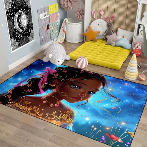 Princess Rugs for Girls Bedroom - African American Black Girls Rug for Bedroom Decor Princess Carpet Floor Mat, Blue, 2.5x4 Feet