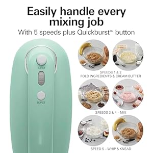 Hamilton Beach Vintage-Style 5-Speed Electric Hand Mixer, Powerful 1.3 Amp DC Motor for Effortless Mixing & Consistent Speed in Thick Ingredients, Slow Start, Beaters and Whisk, Green (62601N) Hamilton Beach Vintage Style 5 Speed Electric Hand Mixer Powerful 13 Amp DC Motor for Effortless Mixing Consistent Speed in Thick Ingredients Slow Start Beaters and Whisk Green 62601N