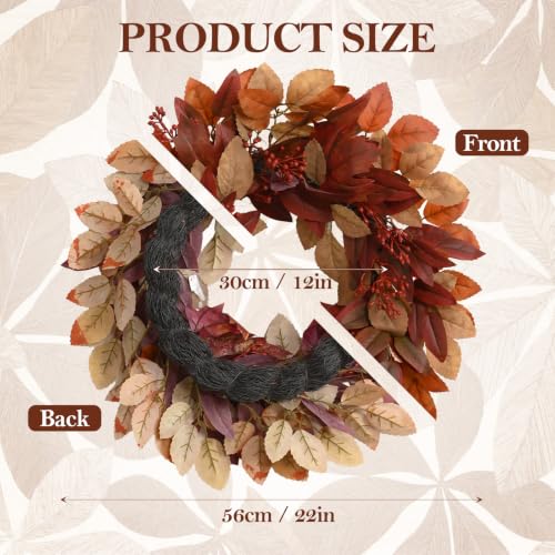 Image of DN DECONATION Fall Wreath for Home Front Door Decor, Decorations for Wall | 22in Autumn Brown Wreath, Artificial Leaves, Red Berry Clusters, Perfect for Thanksgiving Harvest Farmhouse Outdoor Indoor