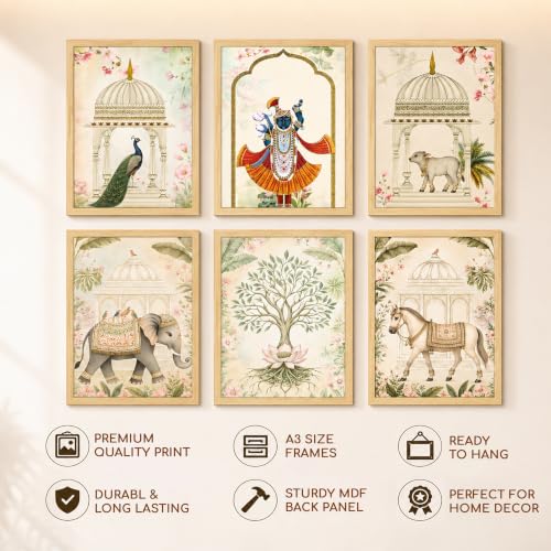 Image of PAINTINGMANTRA Madhubani Wall Paintings for living room, Mughal Queen Floral Madhubani Wall Art Painting with frame for Home wall Decoration, Office, Set of 6, 13x18 Inch