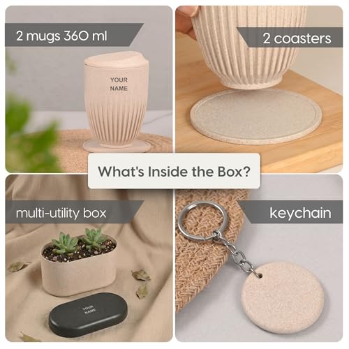 Image of Eha Earth Friendly Customised Coffee Mugs and Coasters Set of 2 with Loopac, 350 ml | Made with Rice Husk Biocomposite | Personalized Gifts for Friends and Family | Sand Castle