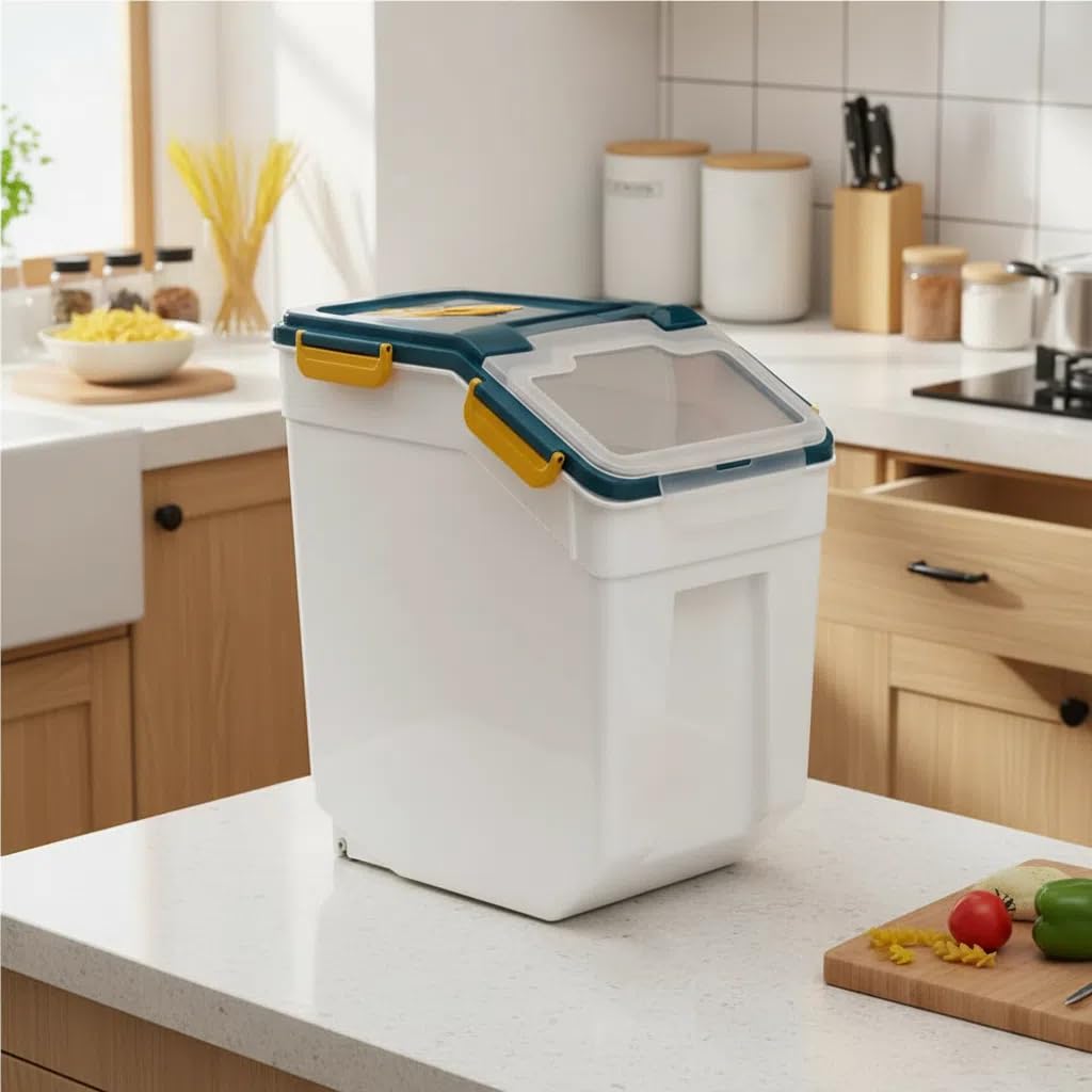 RUIAN Grande contenitore ermetico, 11,3 kg, per farina e riso, con coperchio con chiusura a chiave, con misurino e paletta per farina, riso, cereali (blu, 4 pezzi)
