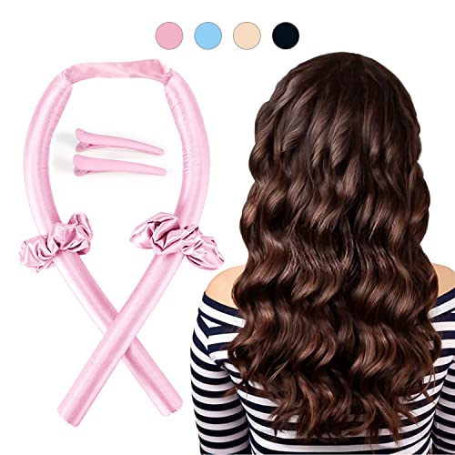 Heatless Hair Curlers for Long Hair - Upgraded Silk Ribbon No Heat Hair Curlers to Sleep in Overnight Heatless Curling Rod Headband for Women Soft Foam Natural wave Hair Rollers Curls Kit Pink