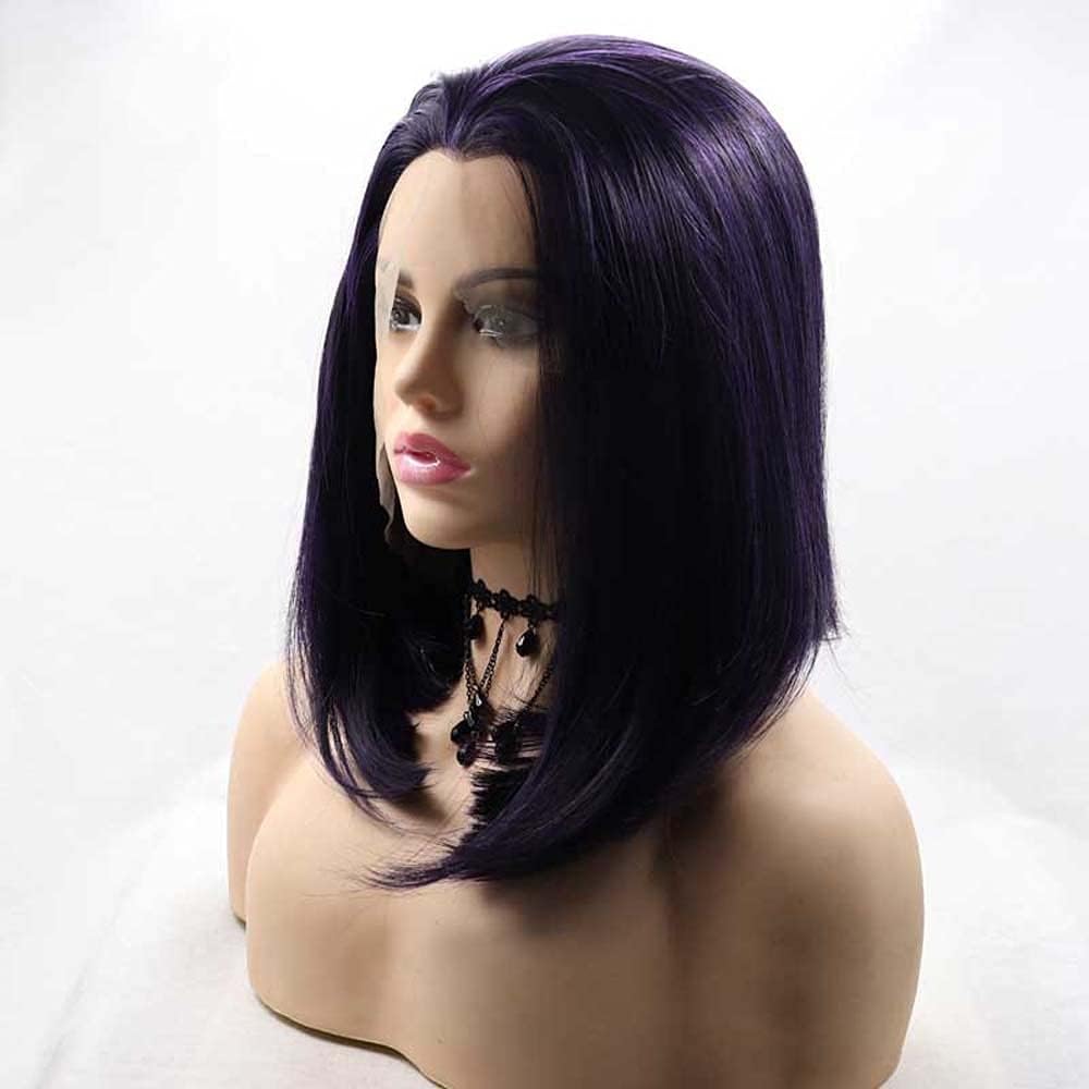 Synthetic Black/Purple Lace Front Bob Wigs Widow's Peak Short Straight Bob Wigs Heat Resistant Fiber Hair Wigs14 …