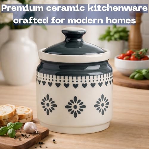 Image of Classyo Ceramic Storage Containers - 600 ml, Salt Container, Pickle Jar with lid, Ceramic Jars for Kitchen Storage for Achar and Namak (Gray Floral, Set of 1)