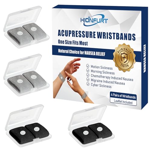 Image of Hionfurt Travel Sickness Bands for Adults and Kids Anti Motion Sickness Wristbands for Car and Sea Sickness Anti Nausea and Pregnancy Morning Sickness Relief Bands - 4 Pairs Grey, Grey, Black, Black