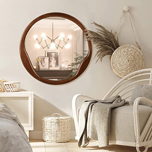 Round Mirror 30 Inch,Irregular Wood Circle Wall Mirror,Decorative Asymmetrical Wall-Mounted Hanging Rustic Wooden Mirror For Bathroom,Entryway,Bedroom Or Living Room(Walnut Brown) #TOP2