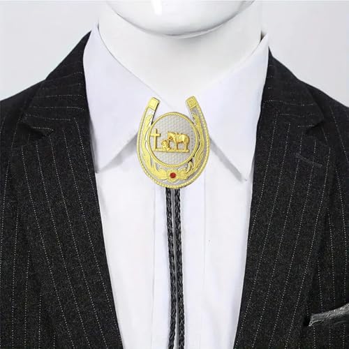 Image of Jeilwiy Bolo Tie for Men, Western Cowboy Golden Longhorn Bull Eagle Horse Cowboy Hat Bolo Necklace Leather Necktie for Women