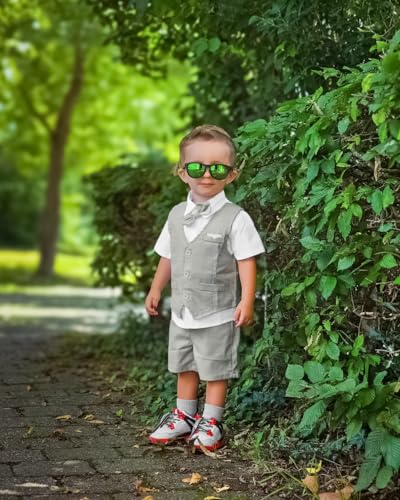 Image of Volunboy Baby Boys Summer Suits Short Sleeve Wedding Ring Bearer Outfits 4Pcs Graduation Dress Vest Shirt Bowtie Shorts Set