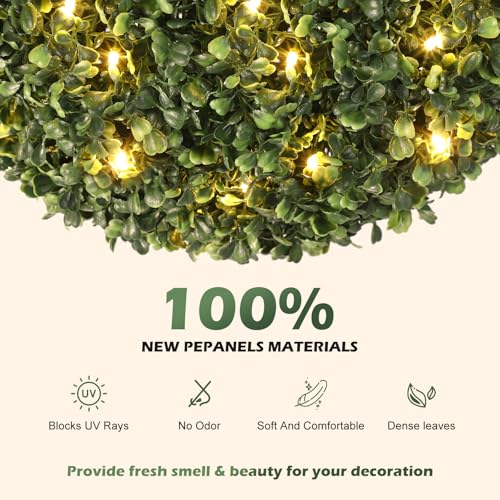 20” Artificial Plant Topiary Ball, Pre-Lit Artificial Topiary Plant with 50 Lights, Timer and Remote Control, Artificial Outdoor Porch Trees with Sturdy Pot for Outdoor Indoor,Red Urn Base 2 pcs