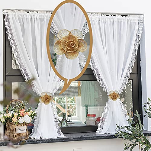 klhxp atural Jute Curtain Magnetic Tiebacks, Hand-woven rebates, Linen Decorative Curtains Buckles, Sheer Curtains Hemp Rope Strap, Indoor Room Flower shape curtain strap 2 Pack (light brown) - Image 4