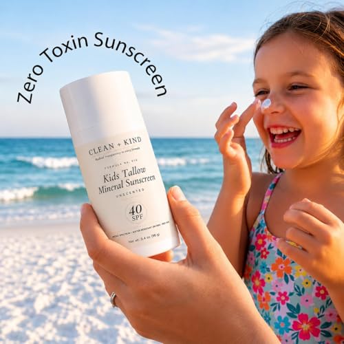Image of Kids Sunscreen Mineral SPF 40 Unscented - Fragrance Free Non Toxic Baby & Toddler Sunblock with Non-Nano Zinc Oxide, Grass-Fed Tallow, Reef-Safe Sun Lotion, No White Cast (3.4 oz)