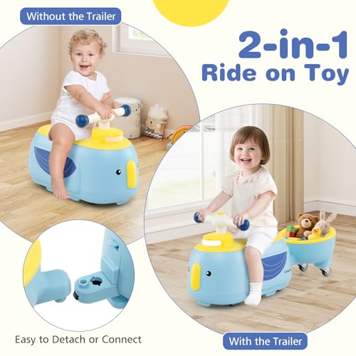 Image of Costzon Toddler Ride On Toys, 2 in 1 Ride-On Scooter with Trailer, Light, Music & Under-Seat Storage, Foot-to-Floor Sliding Car, Kids Riding Toy for 1+ Year Old Boys & Girls (Blue)