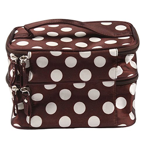 Conteveru00ae Doble capa Cremallera Bolso de cosméticos Neceser Organizador Maquillaje Dots patron (Marrón + Blanco)