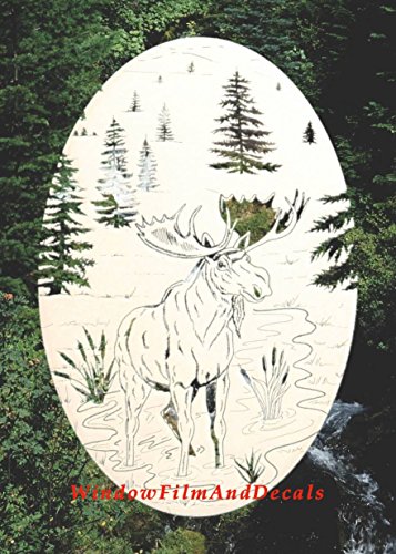 Moose Scene Oval Etched Window Decal Vinyl Glass Cling - 10.5" X 16" - White With Clear Design Elements #TOP1