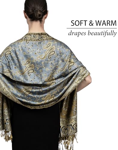 Achillea Soft Silky Reversible Paisley Pashmina Shawl Wrap Scarf w/Fringes (Steel Blue)
